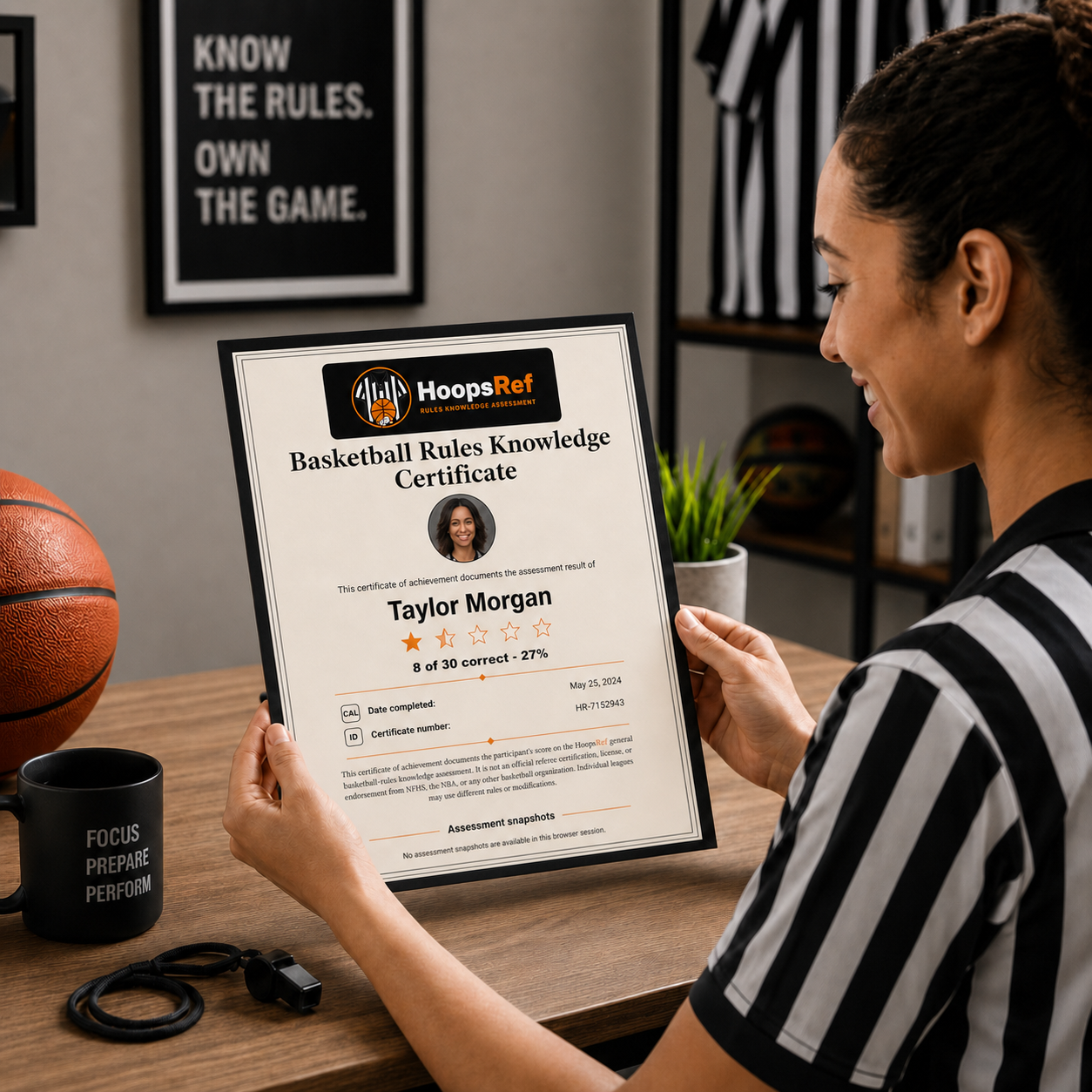 Basketball official viewing a framed HoopsRef Basketball Rules Knowledge Certificate