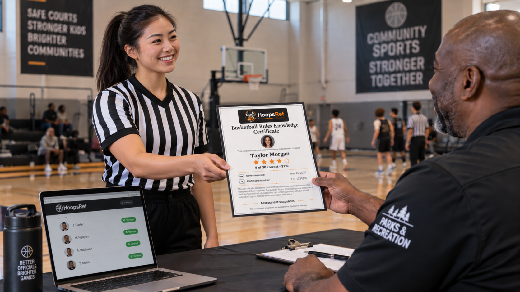 A basketball official handing a HoopsRef certificate to an organization representative in a gym